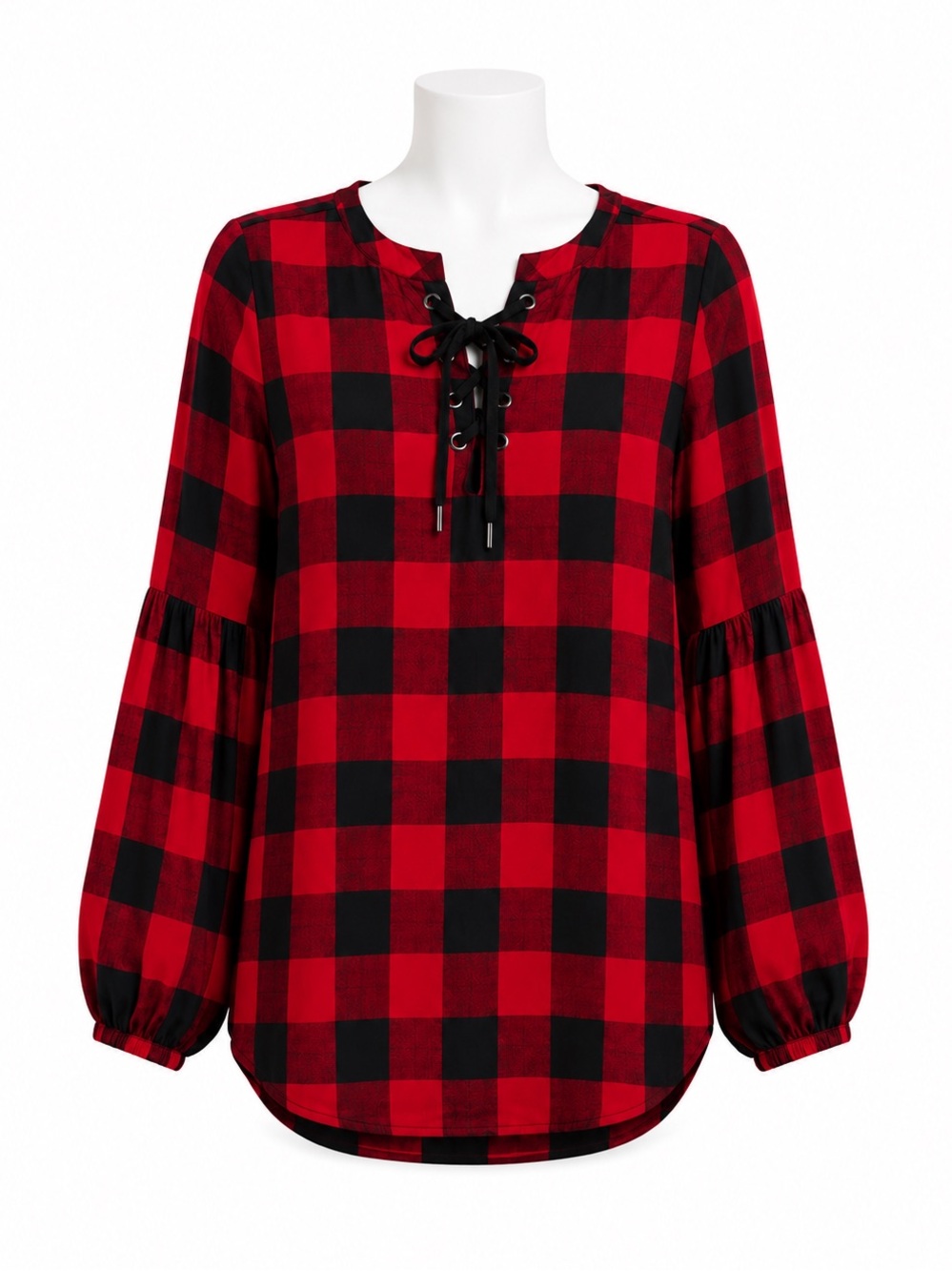 Size S‎ Highline Collective Women’s Buffalo Plaid Lace Up Peasant Blouse